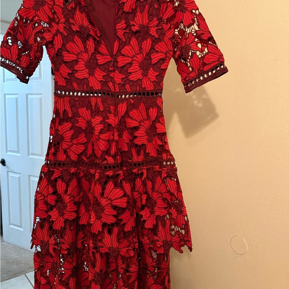 Just Me Red Fit and Flare Midi Dress with V-Neck